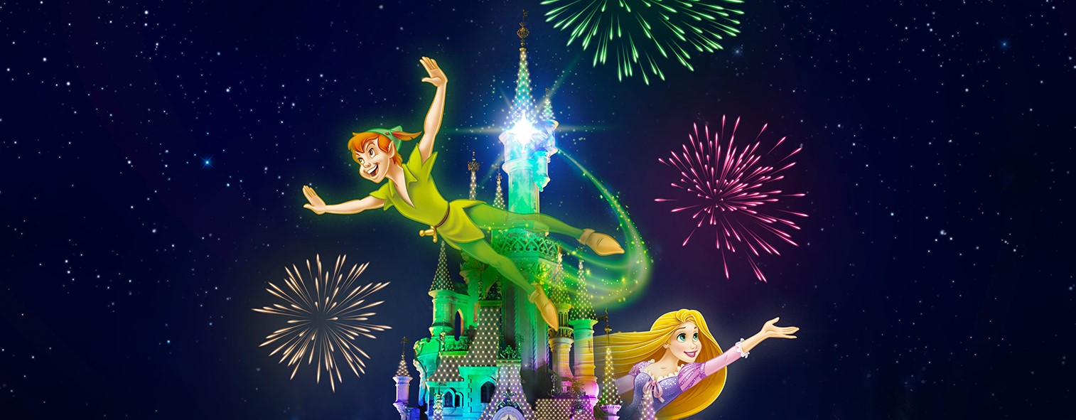 Peter Pan e Rapunzel proiettati sul Castello per lo show Disney Dreams