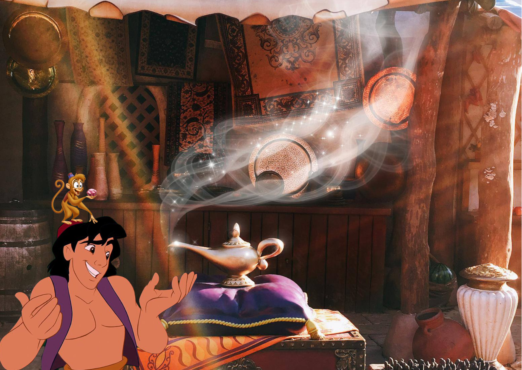 magic shot di Aladdin e Abu con la lampada magica