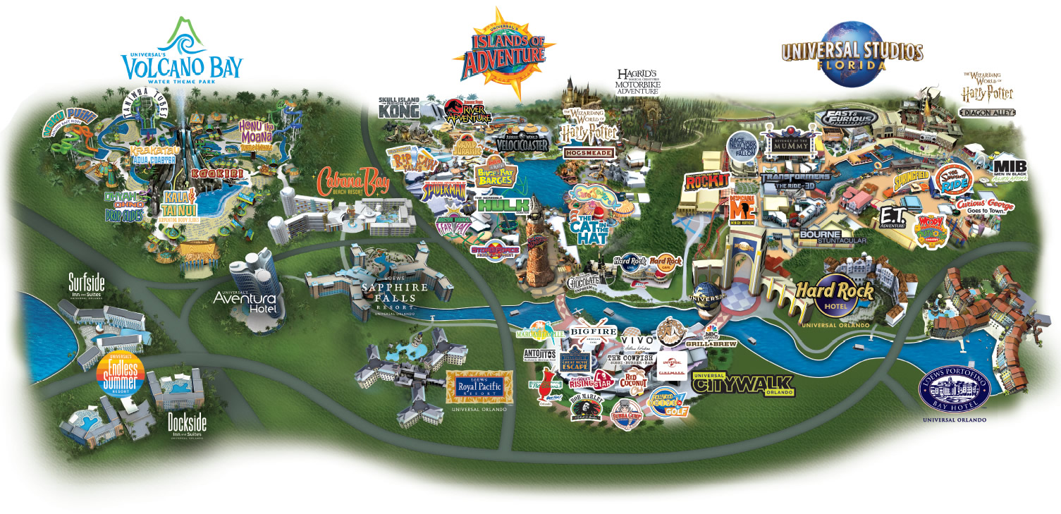 Mappa completa Universal Orland Florida: Universal Studios, Universal Island e Volcano Bay